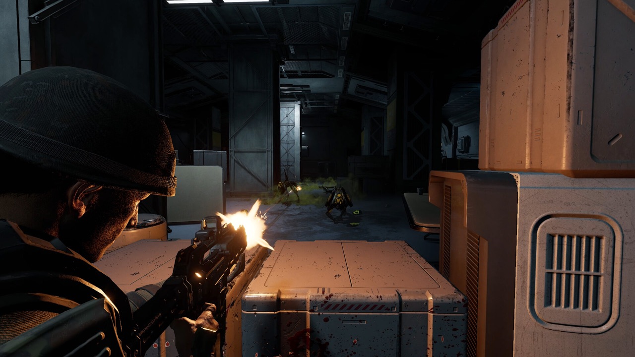 A Marine fires an SMG down a corridor at distant Xenomorphs
